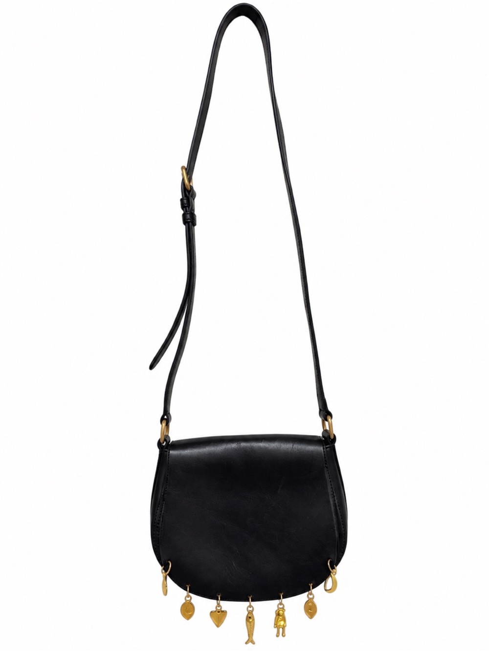 Sandro Black Leather Charm Fringe Saddle Crossbody Bag Gold Hardware